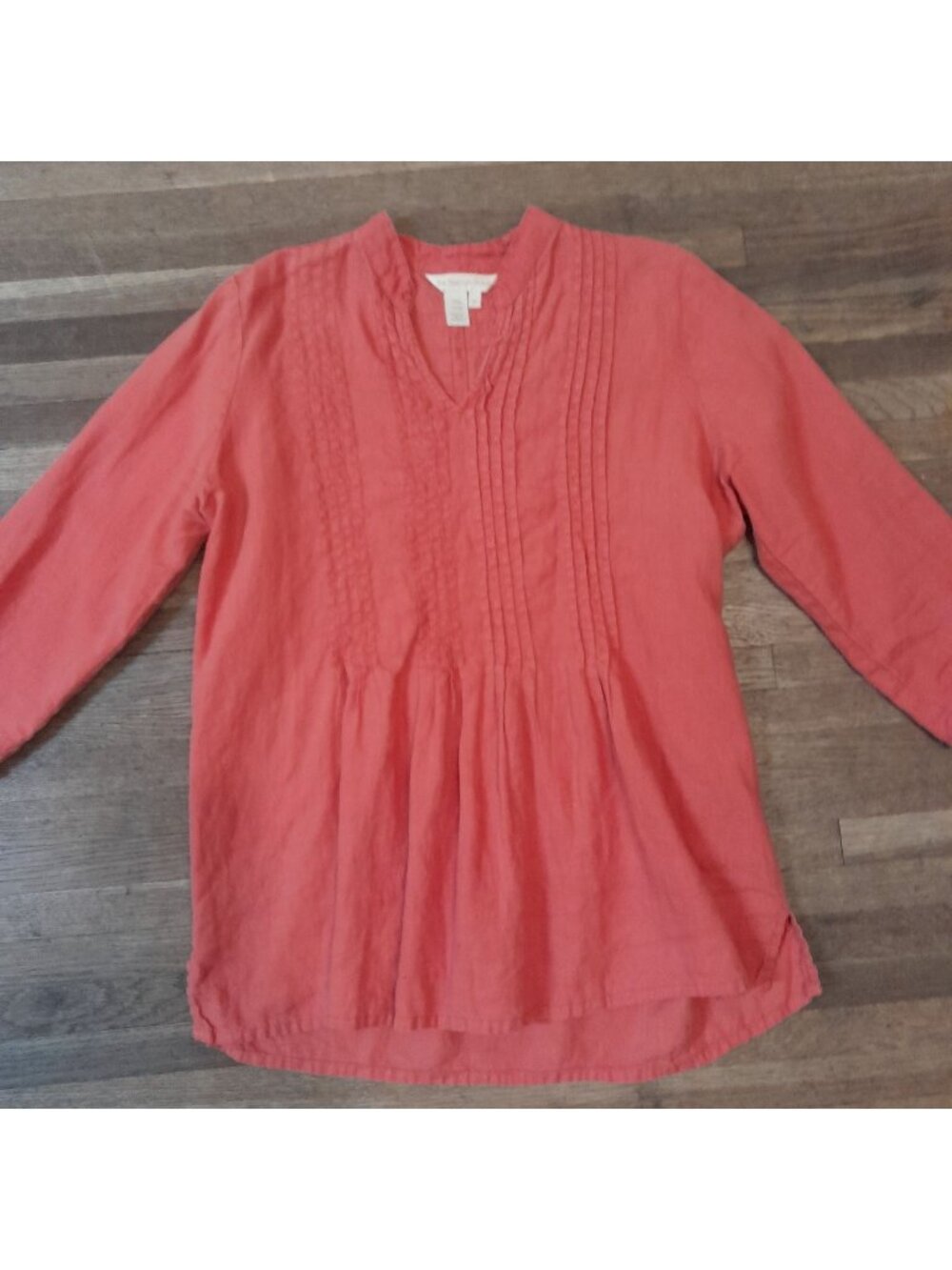 Womens Linen Tunic Top Pintucked Pleated Cottagecore Peasant Size M Coral